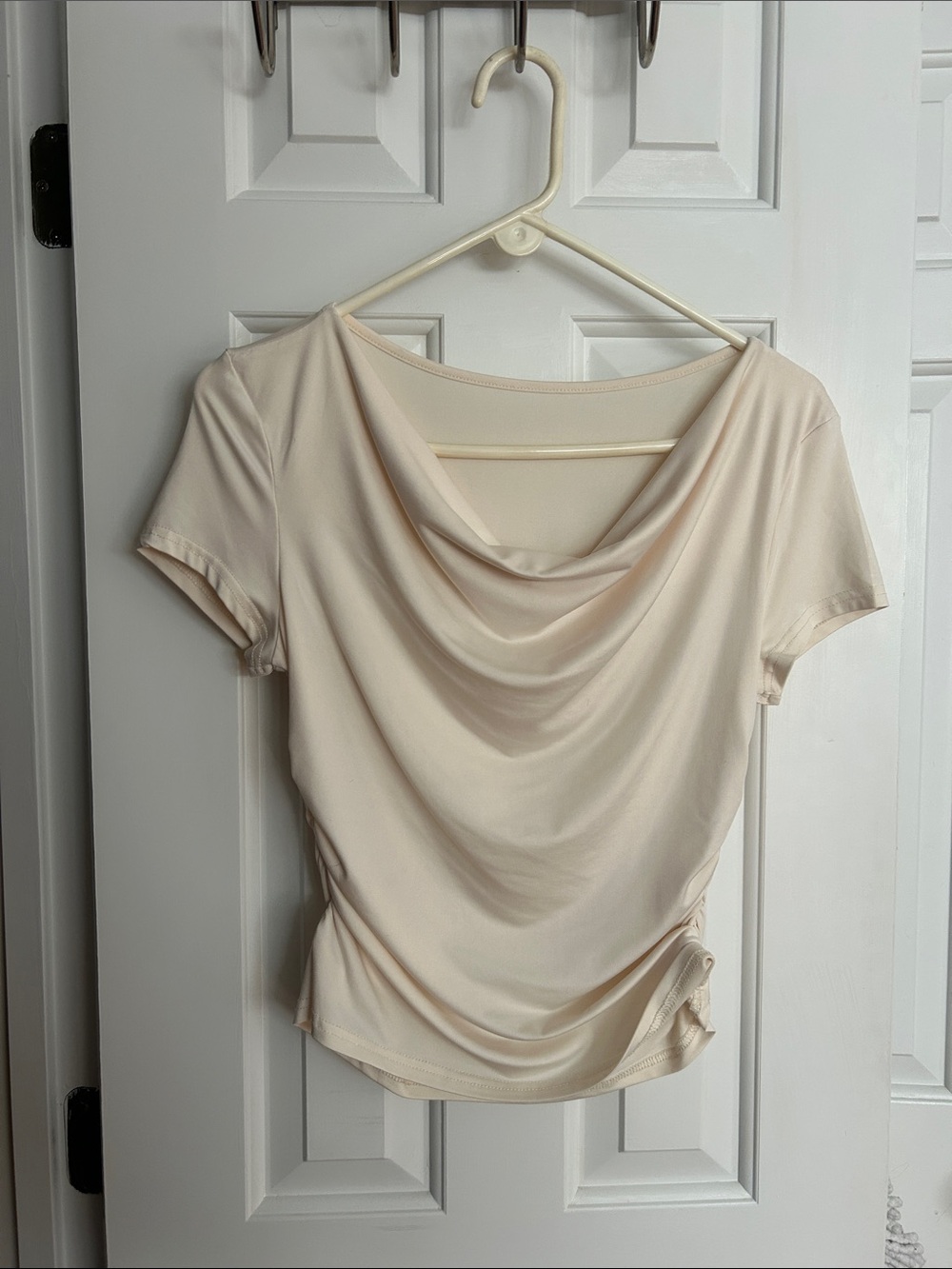 Draped Cowl Neck Short Sleeve Top - Cream